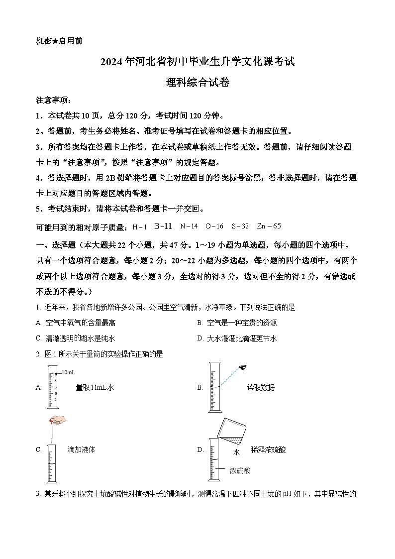 精品解析：2024年河北省中考化学真题01
