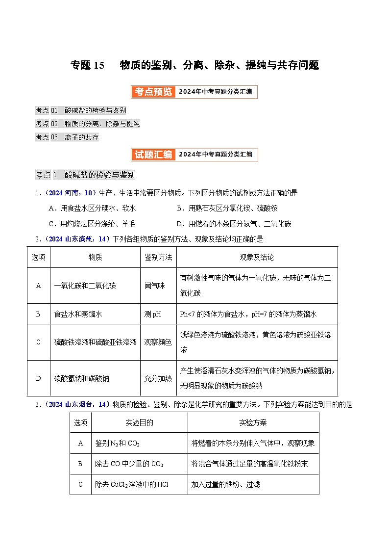专题15  物质的鉴别、分离、除杂、提纯与共存问题（教师卷+学生卷）- 2024年中考化学真题分类汇编（全国通用）01