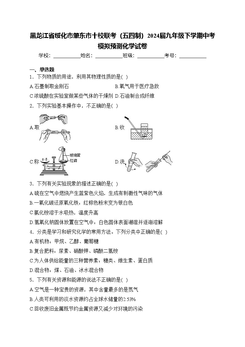 黑龙江省绥化市肇东市十校联考（五四制）2024届九年级下学期中考模拟预测化学试卷(含答案)01