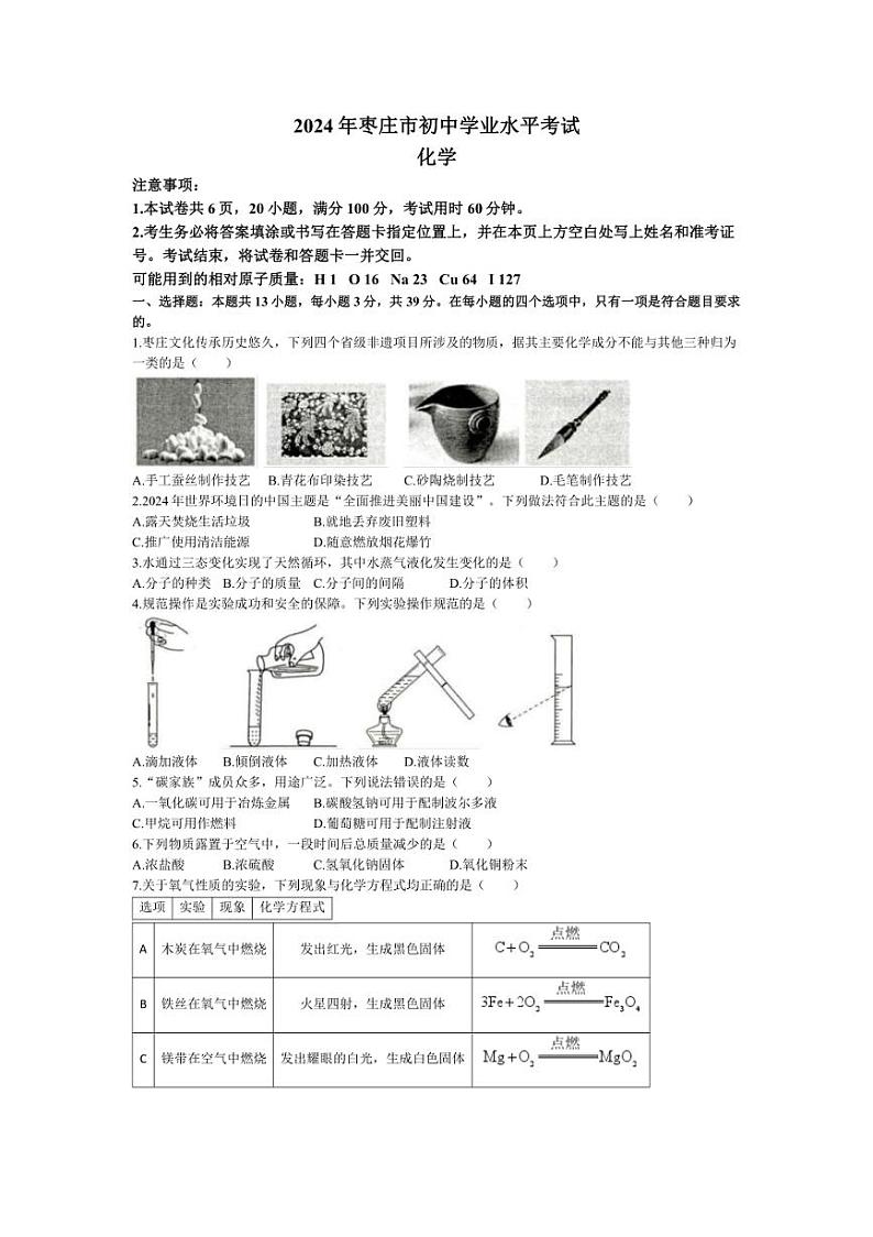 [化学]2024年山东省枣庄市中考真题化学真题(有答案)01