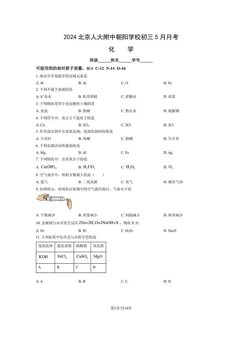 [化学]2023～2024学年北京人大附中朝阳学校九年级下册5月月考化学(有解析)第1页
