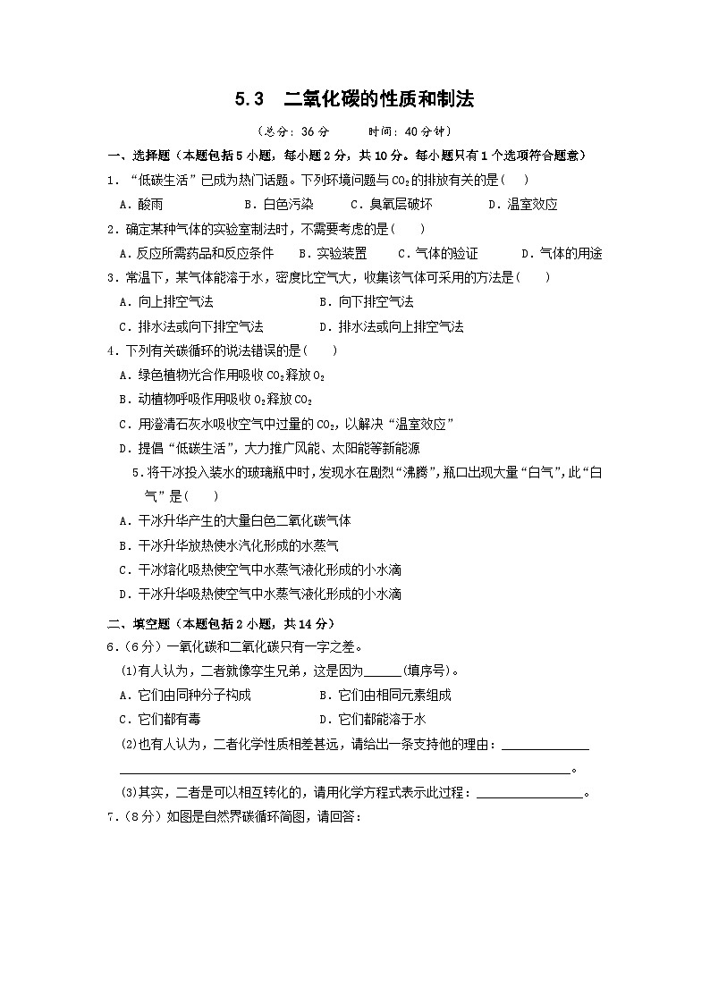 【补充作业】5.3　二氧化碳的性质和制法第1页