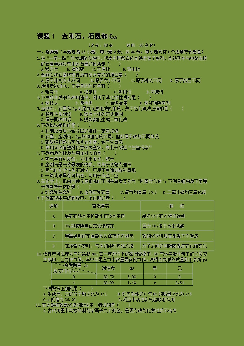 人教版(2024)化学九年级上册 第6章 课题1  碳单质的多样性(金刚石、石墨和C60) PPT课件+教案+习题01