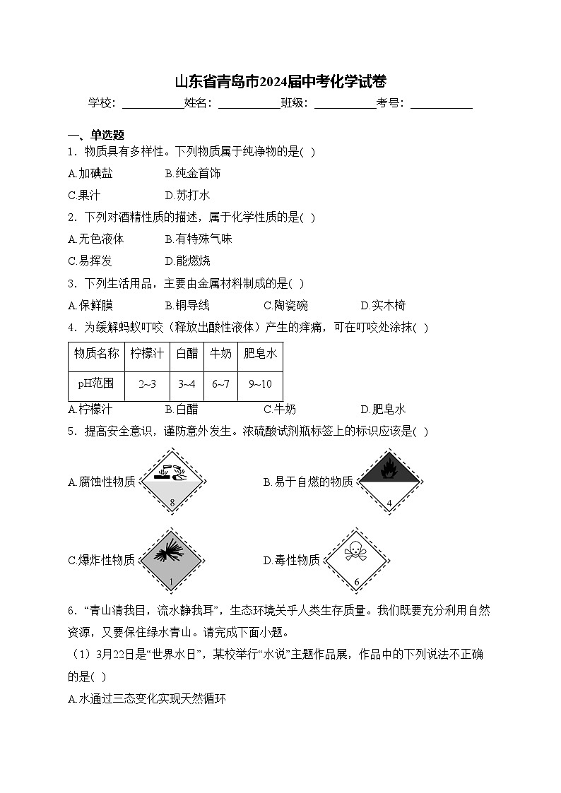 山东省青岛市2024届中考化学试卷(含答案)01