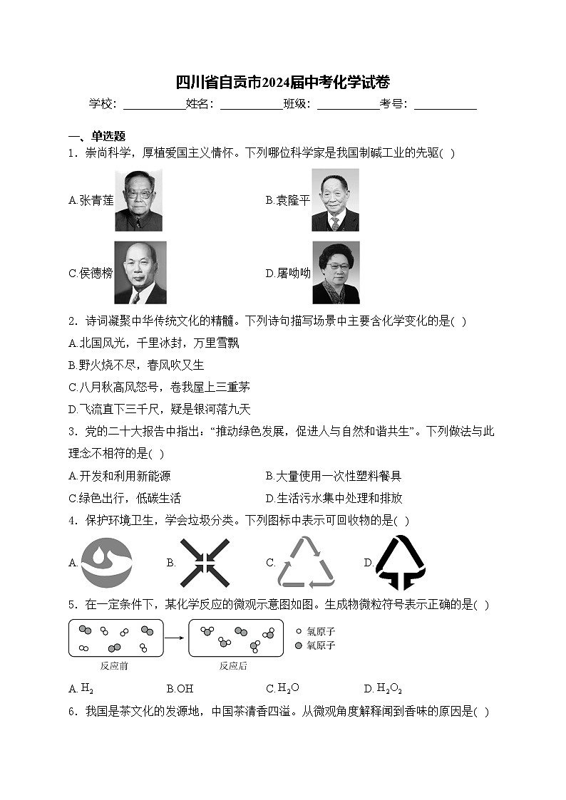 四川省自贡市2024届中考化学试卷(含答案)01