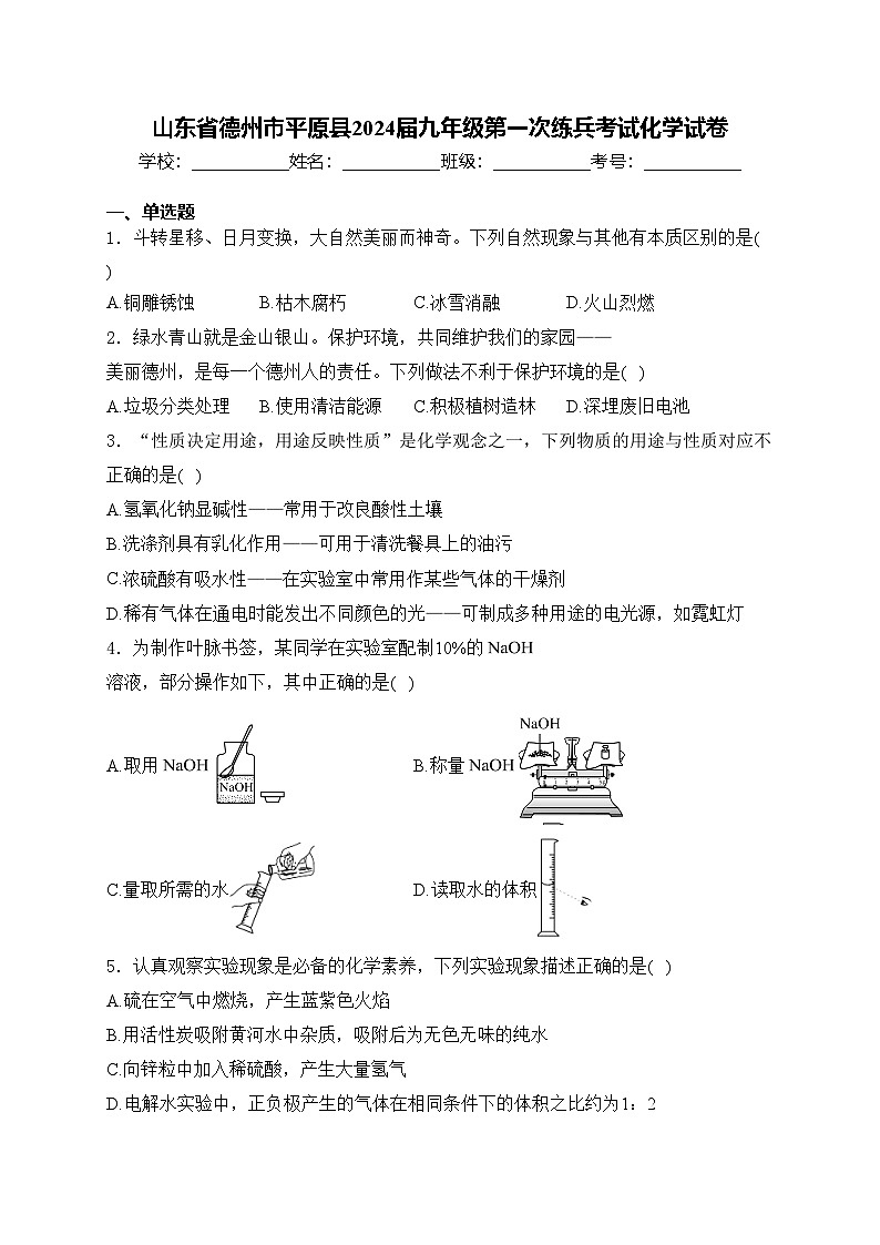 山东省德州市平原县2024届九年级第一次练兵考试化学试卷(含答案)第1页