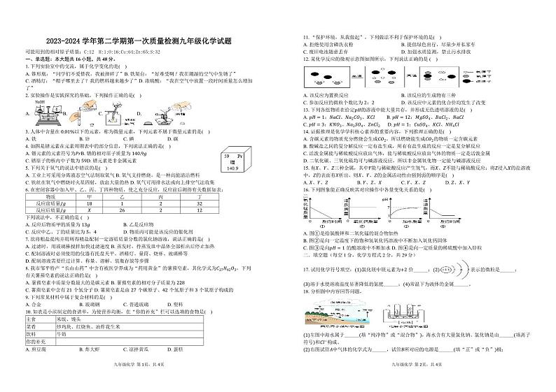 山东省滨州市阳信县第三实验中学2023-2024学年九年级下学期第一次月考化学试题01