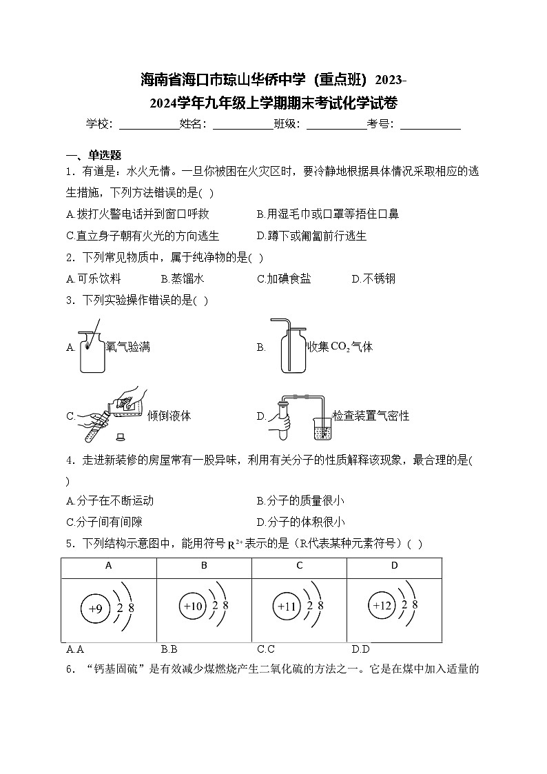 海南省海口市琼山华侨中学（重点班）2023-2024学年九年级上学期期末考试化学试卷(含答案)01