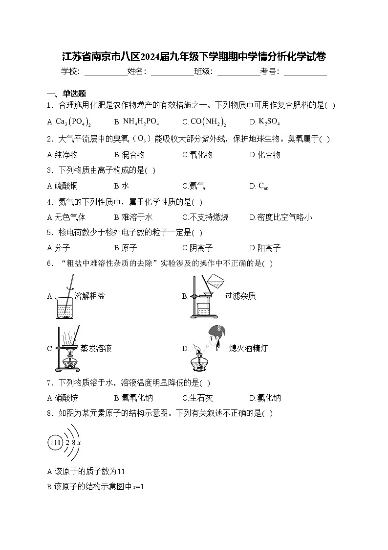 江苏省南京市八区2024届九年级下学期期中学情分析化学试卷(含答案)01