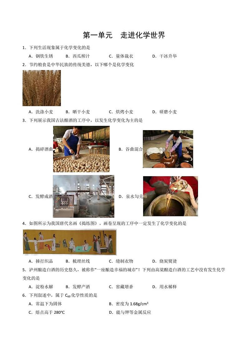 第1单元 走进化学世界（单元专项训练）（含答案） 2024-2025学年九年级化学上册同步学与练（人教版2024）01