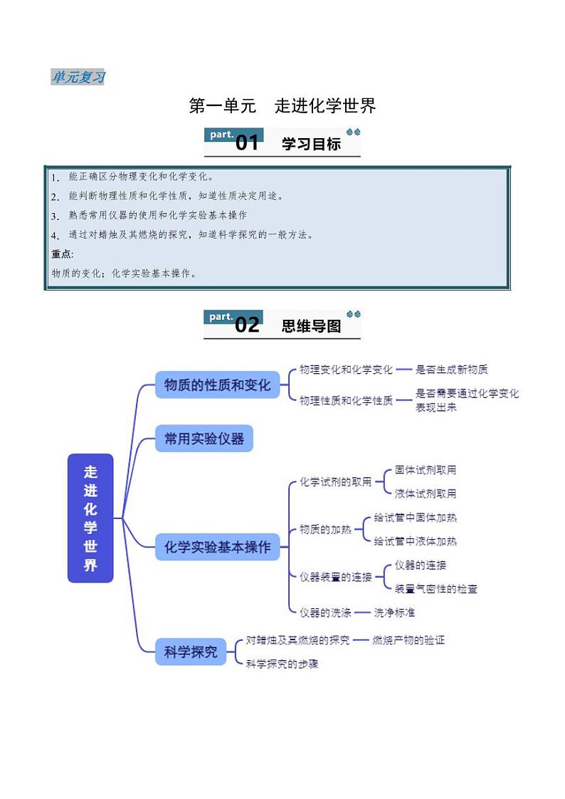 第1单元 走进化学世界（单元复习学案）（含答案） 2024-2025学年九年级化学上册同步学与练（人教版2024）01