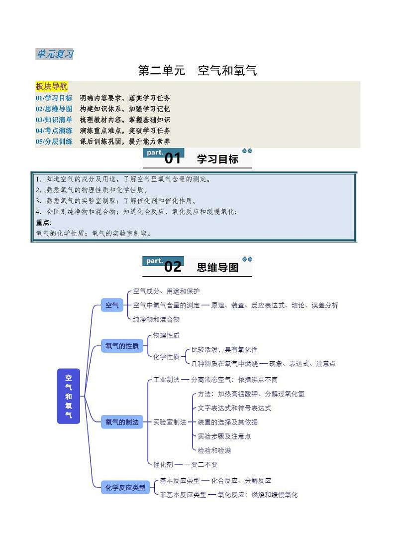 第2单元 空气和氧气 （单元复习学案）（含答案） 2024-2025学年九年级化学上册同步学与练（人教版2024）01