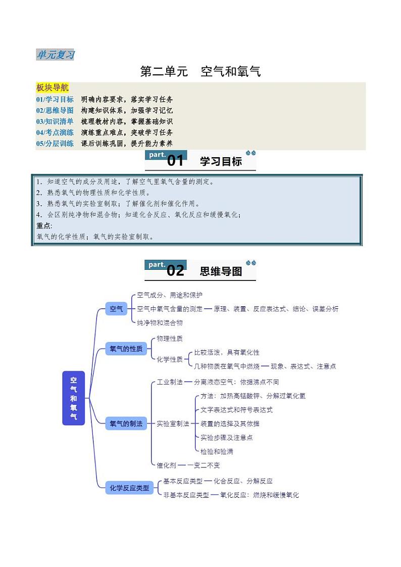 第2单元 空气和氧气 （单元复习学案）（含答案） 2024-2025学年九年级化学上册同步学与练（人教版2024）01