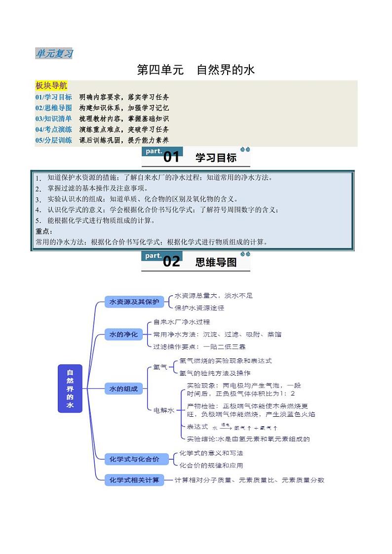 第4单元 自然界的水（单元复习学案）（含答案） 2024-2025学年九年级化学上册同步学与练（人教版2024）01