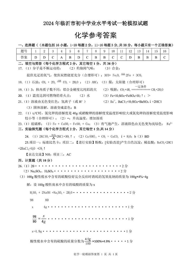 2024年山东省临沂市河东区中考一模化学试题01
