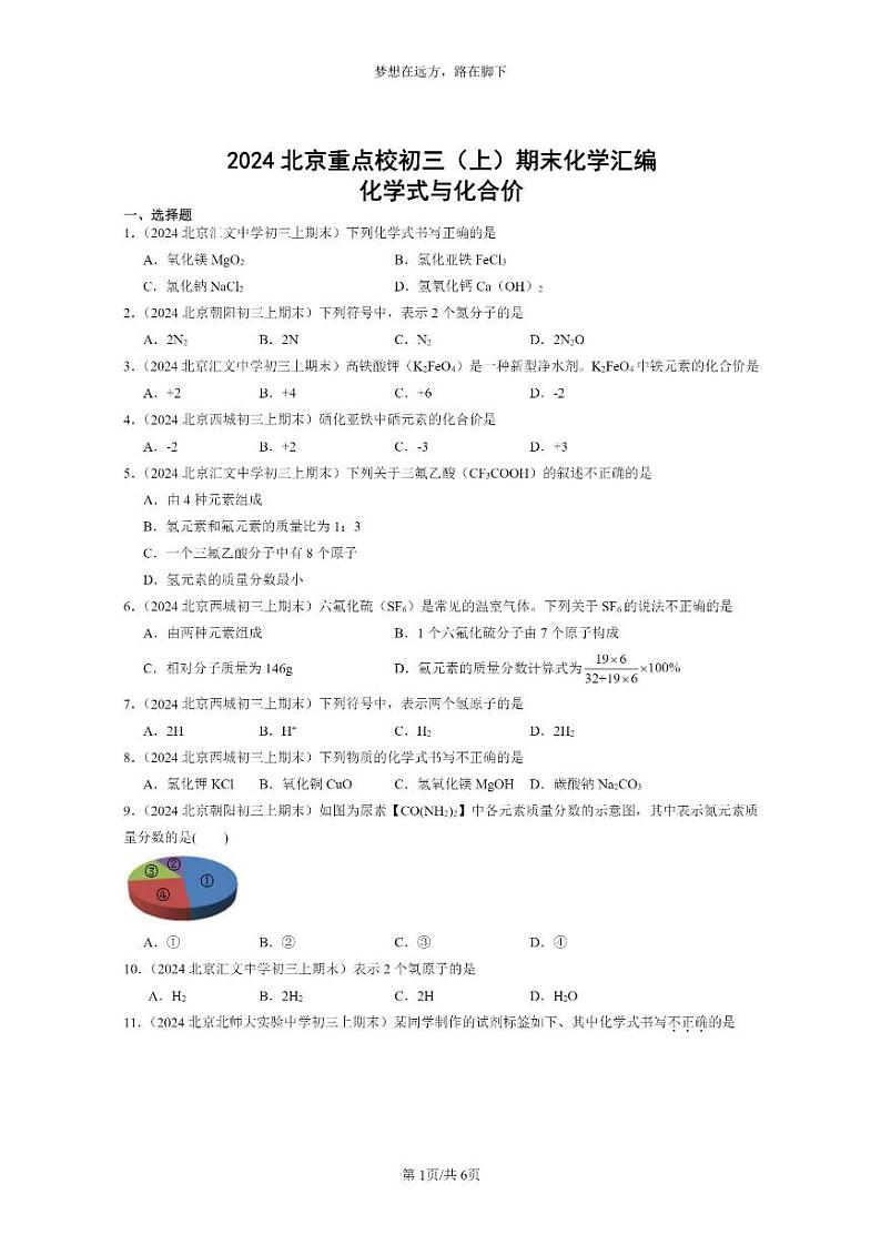 [化学]2024北京重点校初三上学期期末化学真题分类汇编：化学式与化合价01