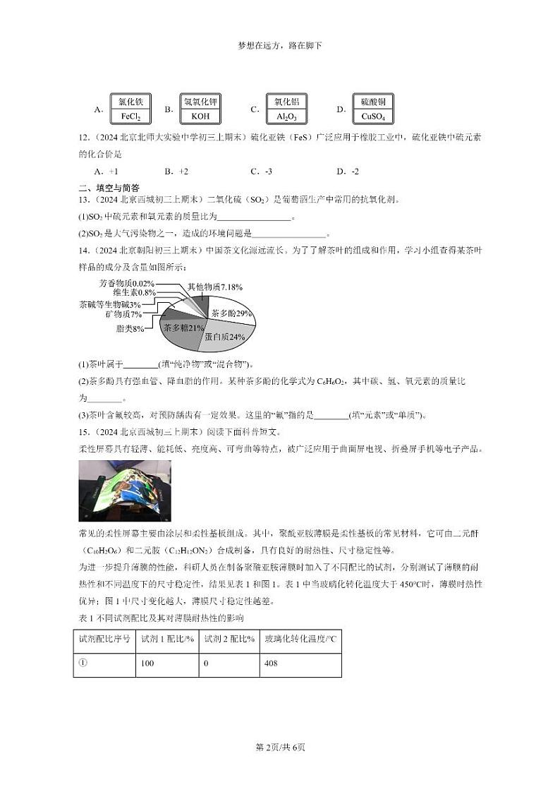 [化学]2024北京重点校初三上学期期末化学真题分类汇编：化学式与化合价02