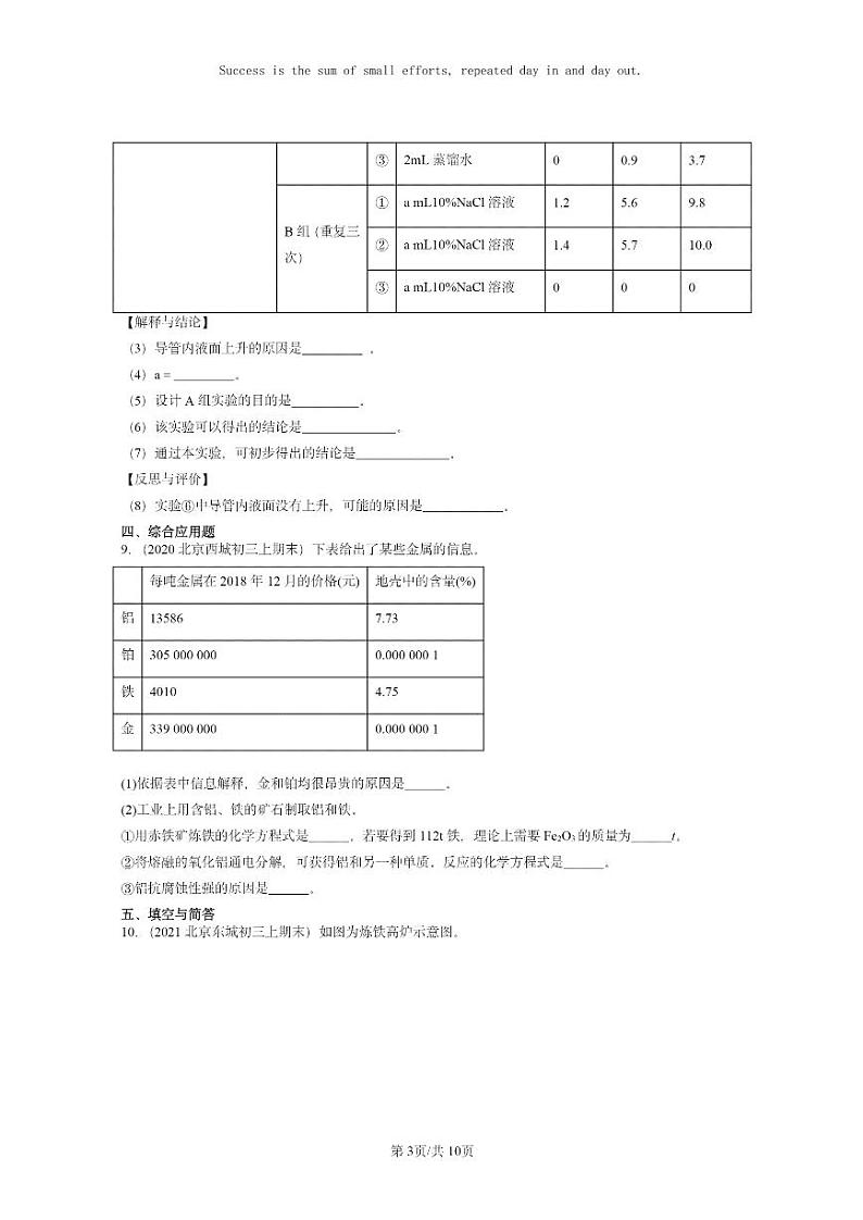 [化学]2020～2024北京重点校初三上学期期末试题化学分类汇编：金属资源的利用和保护03