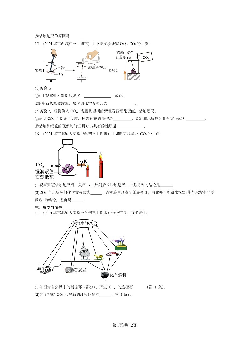 [化学]2024北京重点校初三上学期期末试题化学分类汇编：二氧化碳和一氧化碳03