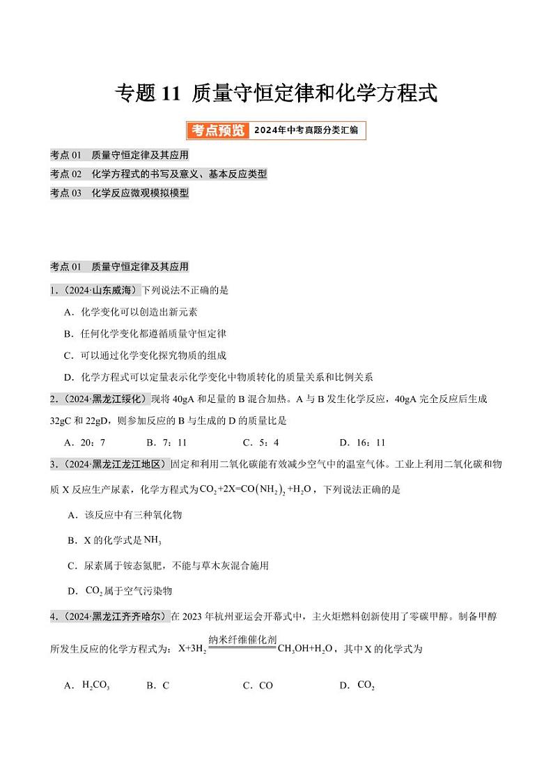 专题11 质量守恒定律和化学方程式（第02期）（含答案） 2024年中考化学真题分类汇编（全国通用）第02期01
