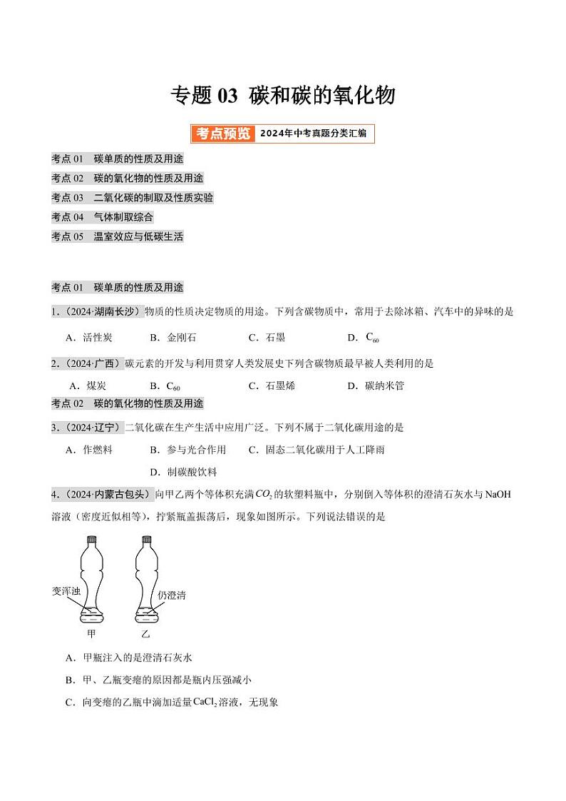 专题03 碳和碳的氧化物（第02期）（学生版） 2024年中考化学真题分类汇编（全国通用）第02期第1页