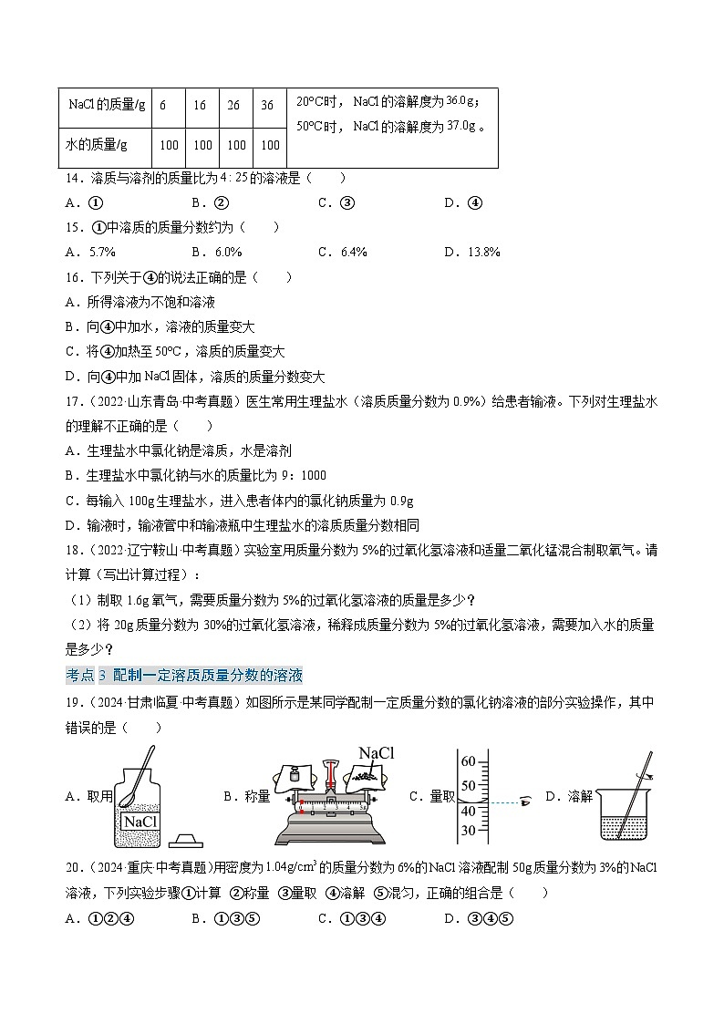 三年（2022-2024）中考化学真题分类汇编（全国通用）专题06 溶液（原卷版）第3页