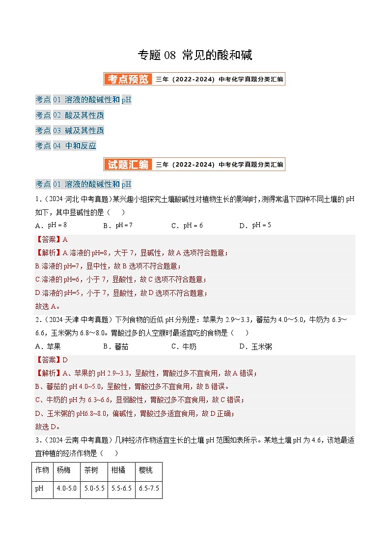 三年（2022-2024）中考化学真题分类汇编（全国通用）专题08 常见的酸和碱（解析版）第1页