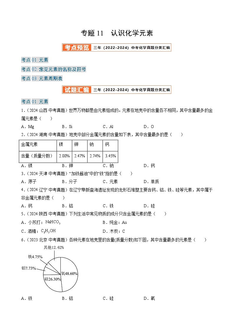 三年（2022-2024）中考化学真题分类汇编（全国通用）专题11 认识化学元素（原卷版）01