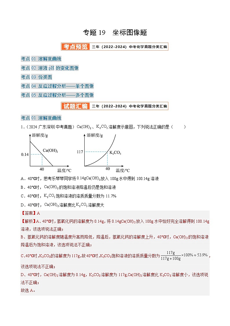 三年（2022-2024）中考化学真题分类汇编（全国通用）专题19 坐标图像题（解析版）第1页