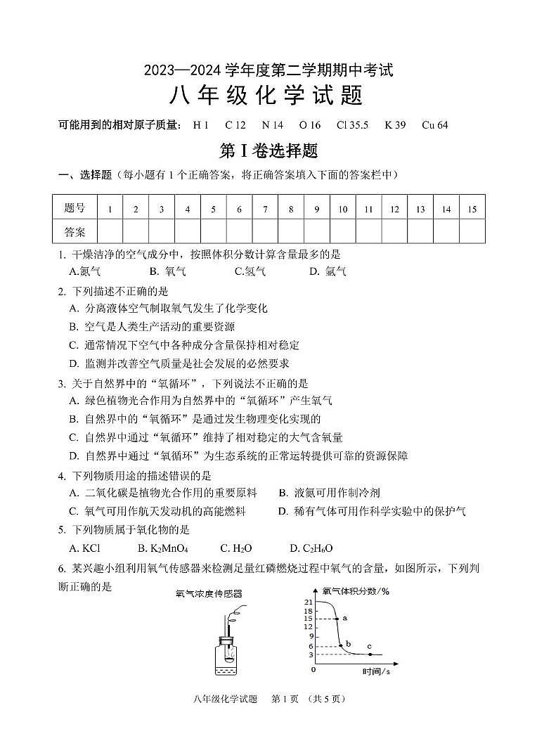 山东省淄博市北部地区（五四学制）2023-2024学年八年级下学期期中考试化学试题01