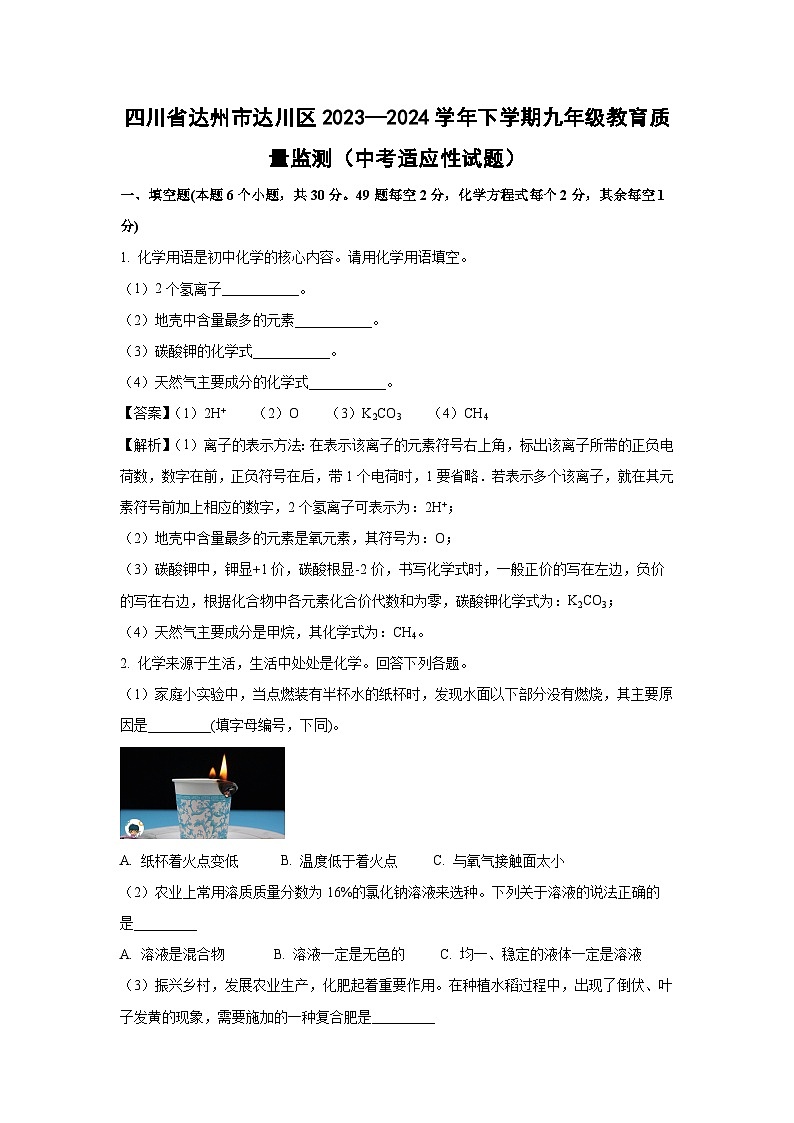 [化学]四川省达州市达川区2023—2024学年下学期九年级教育质量监测(中考适应性试题)(解析版)第1页