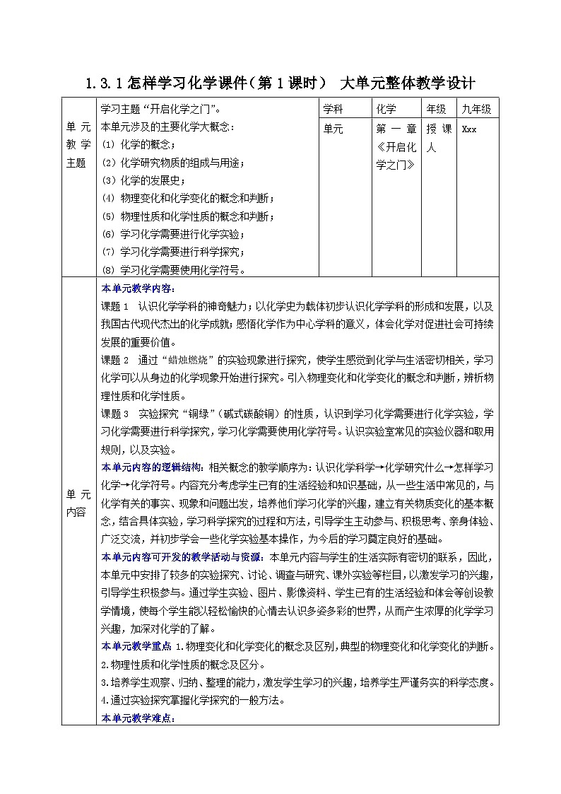 【大单元整体教学】沪教版（全国）化学九年级上册 1.3.1怎样学习化学 课件+教学设计01
