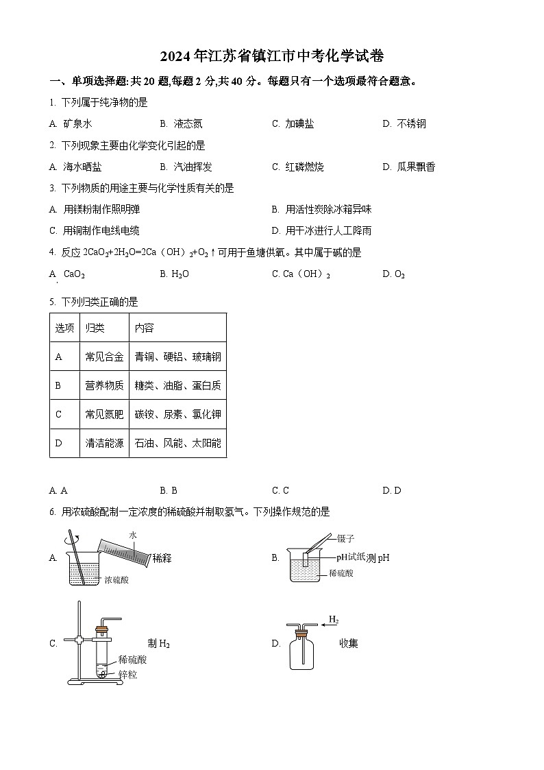 2024年江苏省镇江市中考化学试卷（原卷版+解析版）01
