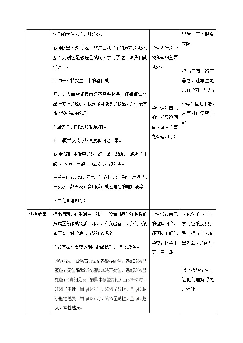 人教版（五四学制）化学九年级全册 第三单元  课题1   常见的酸和碱  教案(表格式)02