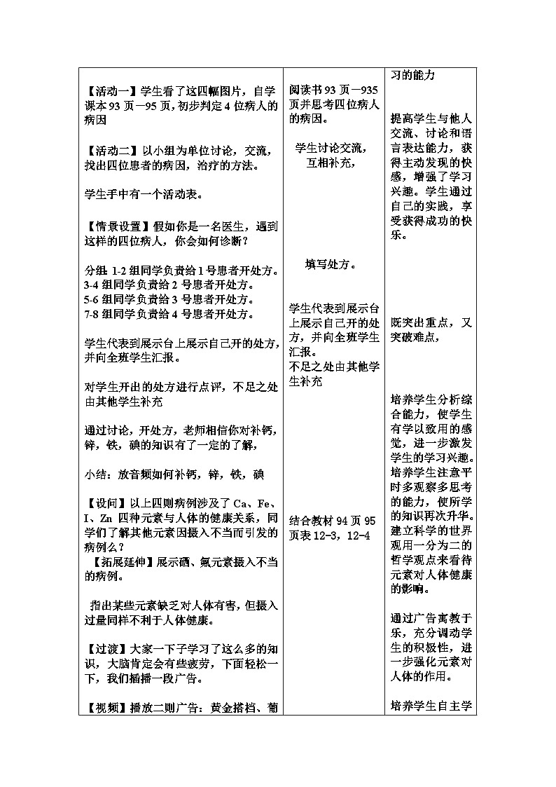 人教版（五四学制）化学九年级全册  第五单元  课题2  化学元素与人体健康  教案(表格式)02