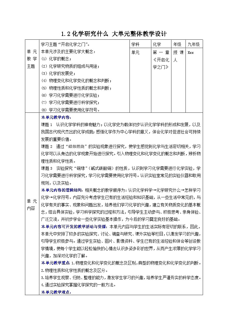 1.2化学研究什么---初中化学单元整体教学设计第1页