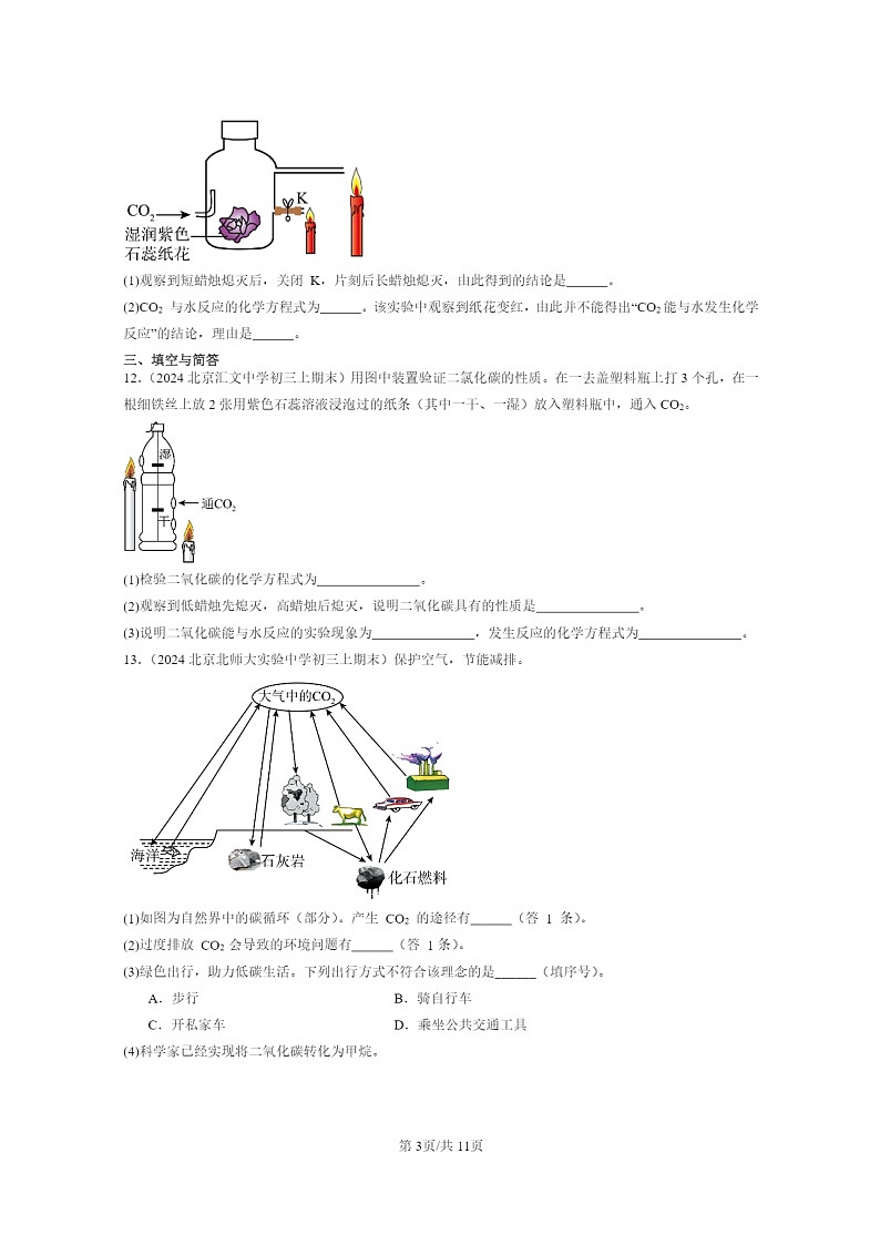 [化学]2024北京重点校初三上学期期末化学真题分类汇编：二氧化碳的性质和用途03