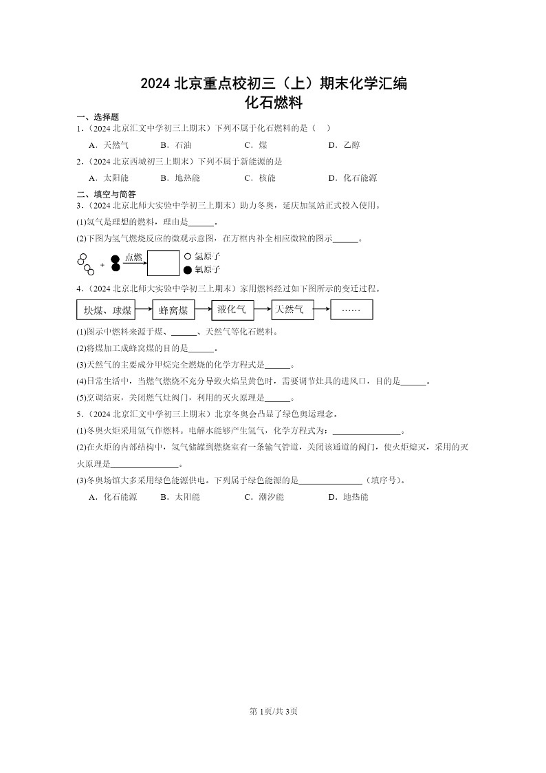 [化学]2024北京重点校初三上学期期末化学真题分类汇编：化石燃料01
