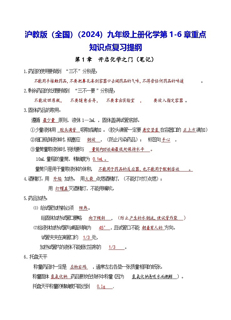 沪教版（旧教材）（全国）九年级上册化学第1-6章重点知识点复习提纲01