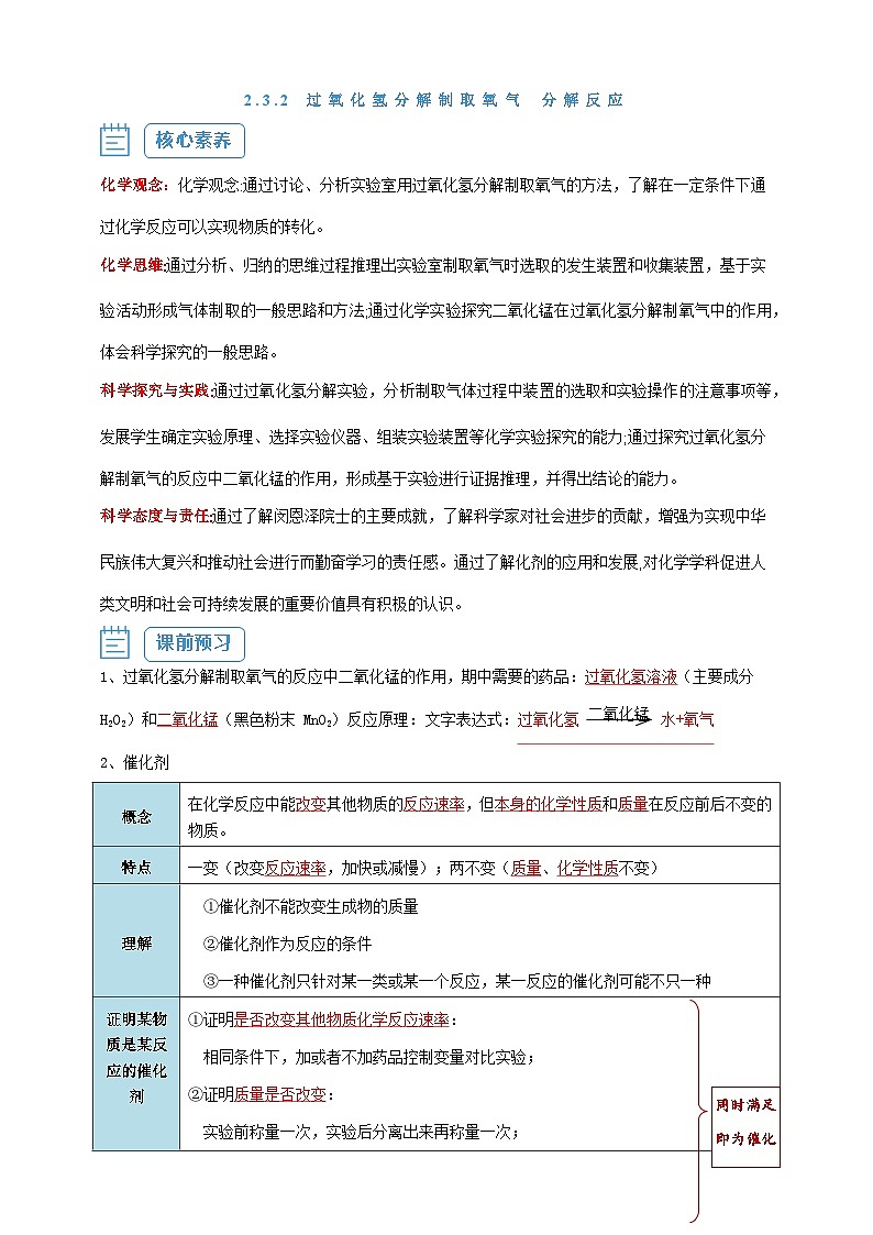 【核心素养】2.3.2 过氧化氢分解制取氧气 分解反应--人教版化学九上同步探究学案(原卷版+解析版）01