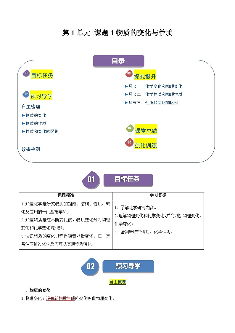 第1单元 课题1 物质的变化与性质-2024年初中化学同步讲义（人教版）01