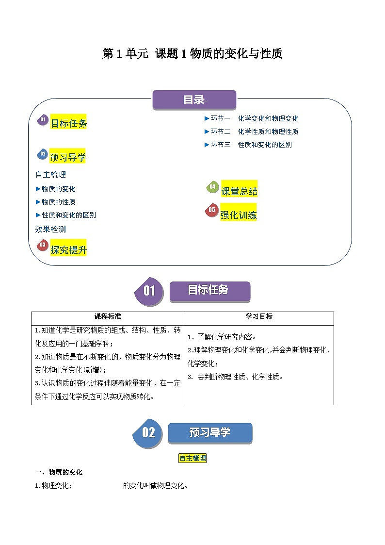 第1单元 课题1 物质的变化与性质-2024年初中化学同步讲义（人教版）01