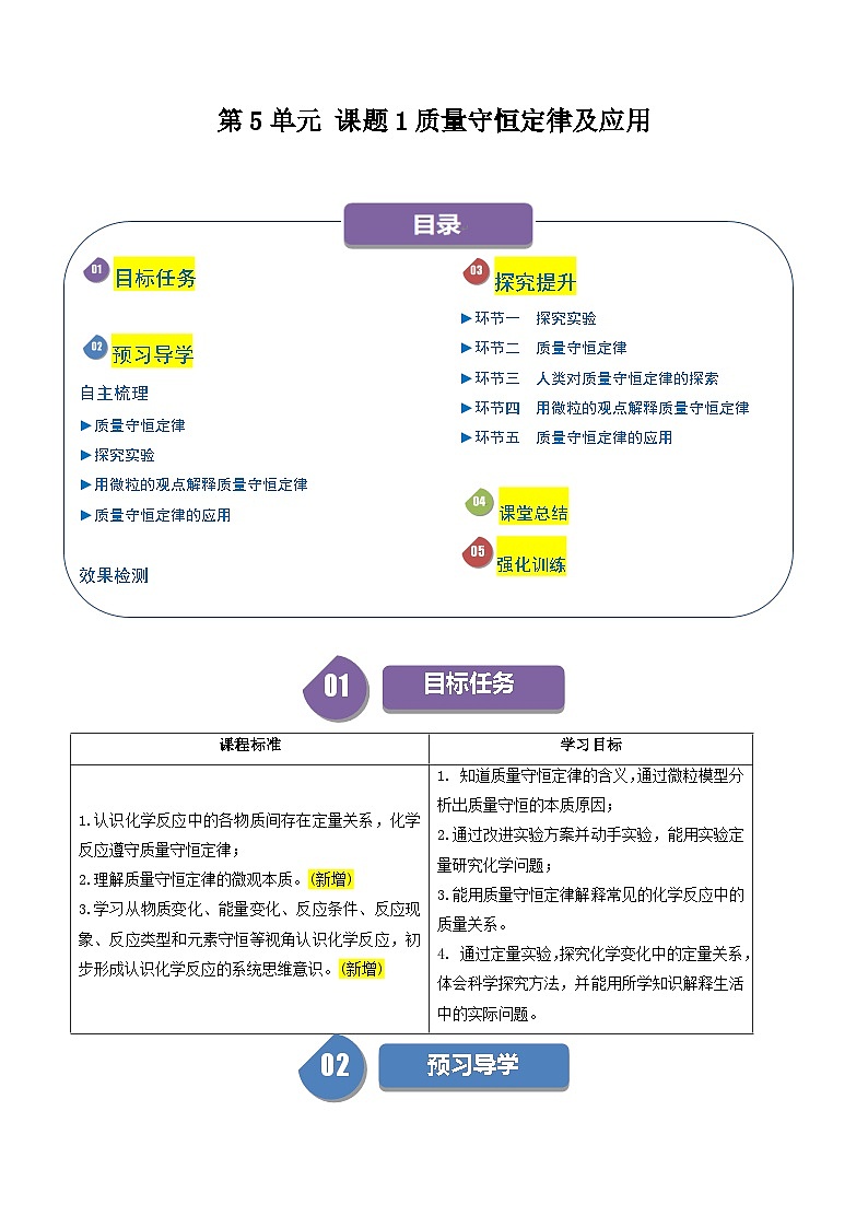 第5单元 课题1  质量守恒定律及应用（学生版）-2024年初中化学同步（人教版）1第1页