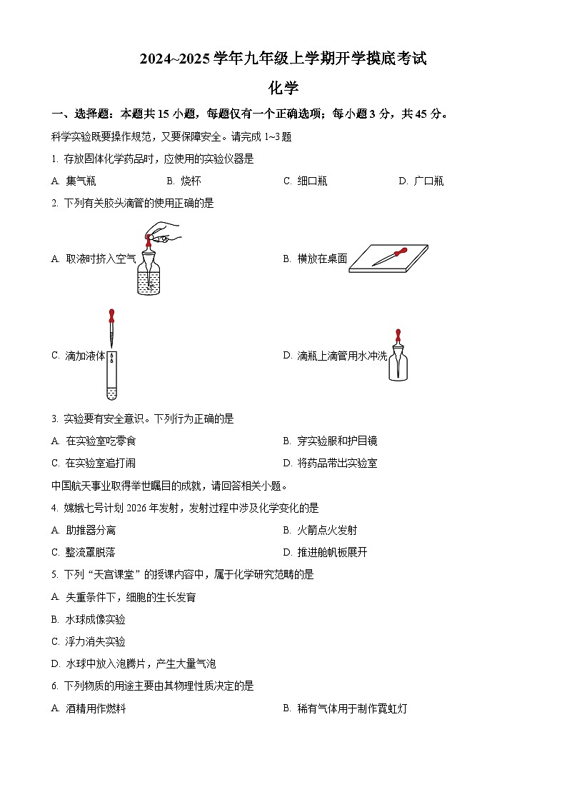 广东省清远市连山县2024-2025学年九年级上学期开学摸底考试化学试卷（原卷版）第1页