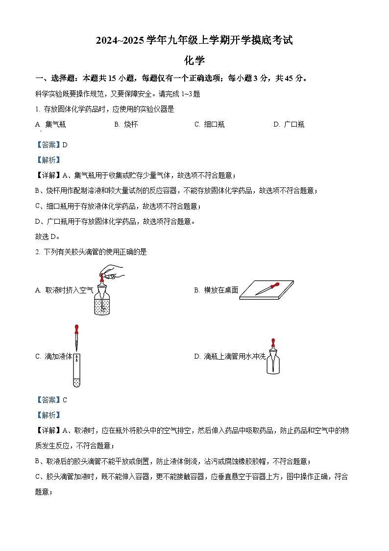 广东省清远市连山县2024-2025学年九年级上学期开学摸底考试化学试卷（解析版）01