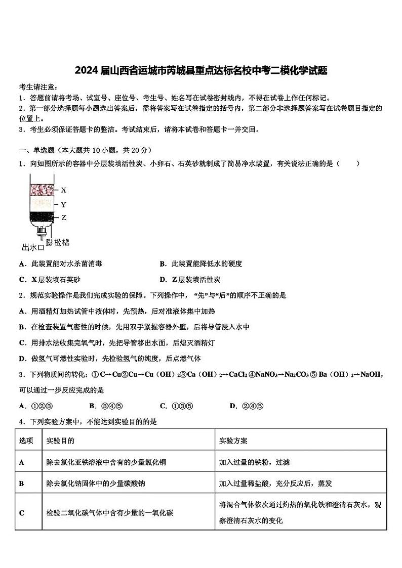 2024年山西省运城市芮城县重点达标名校中考二模化学试题01