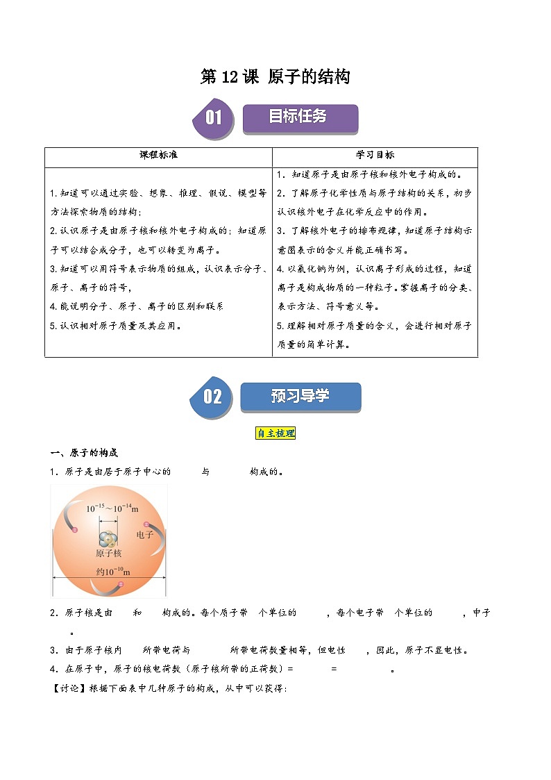 人教版九年级化学上册同步学与练第12课原子的结构(原卷版+解析)01