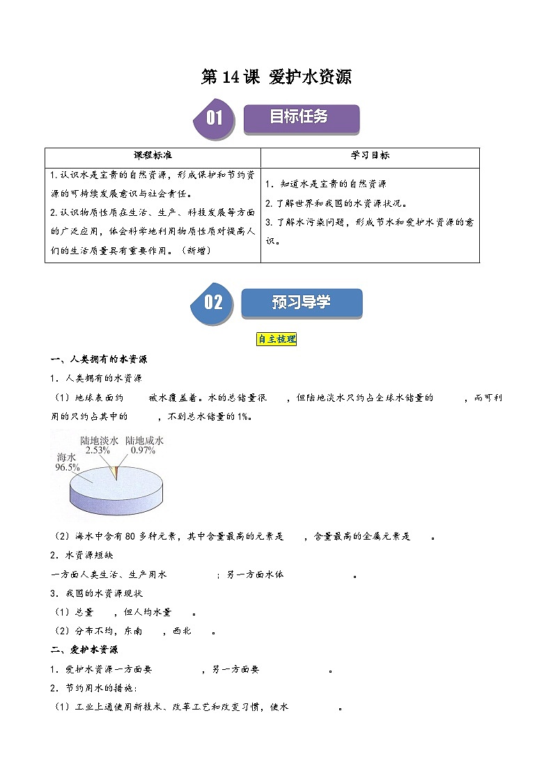 人教版九年级化学上册同步学与练第14课爱护水资源1(原卷版+解析)01