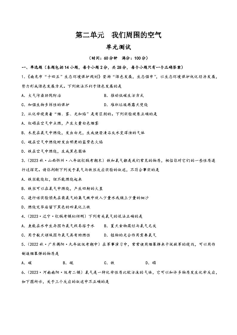 人教版九年级化学上册同步精品课堂第二单元我们周围的空气(单元测试)(原卷版+解析)第1页