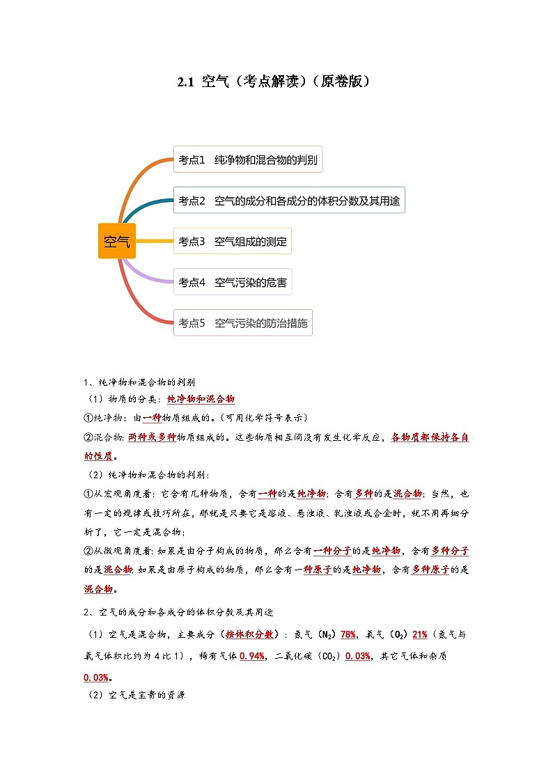 人教版九年级化学上册同步考点解读与专题训练2.1空气(考点解读)(原卷版+解析)第1页
